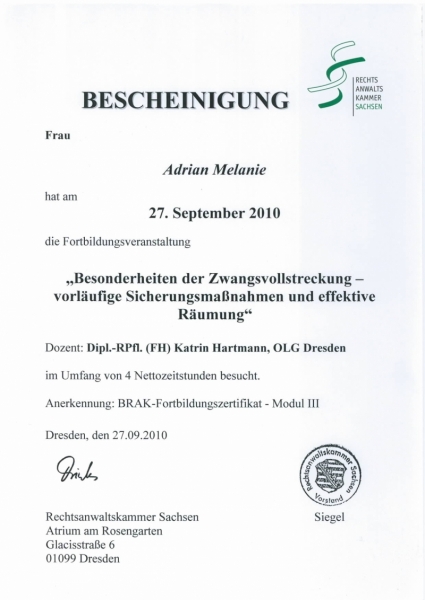 Zertifikat Zwangsvollstreckung und Wohnungsraeumung